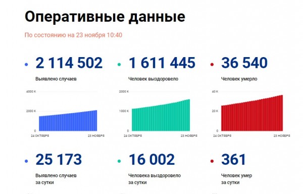 На утро 23 ноября в России зарегистрировано 25 173 новых случая  COVID-19